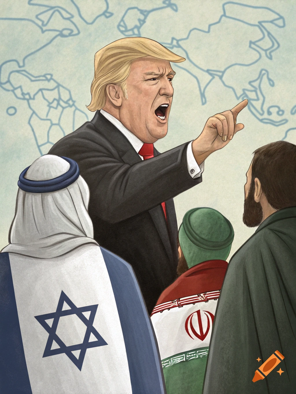 Cartoon of an angry Donald Trump pointing at two figures, one wearing an Israeli flag, the other an Iranian flag, against a world map outline.