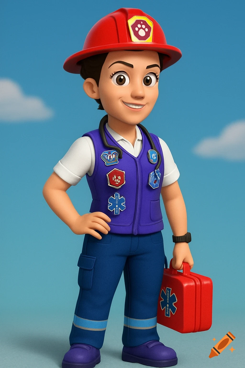 A cartoon woman with dark hair and a red firefighter helmet wears a purple vest with badges, blue pants, and holds a red first aid kit, standing against a blue sky.