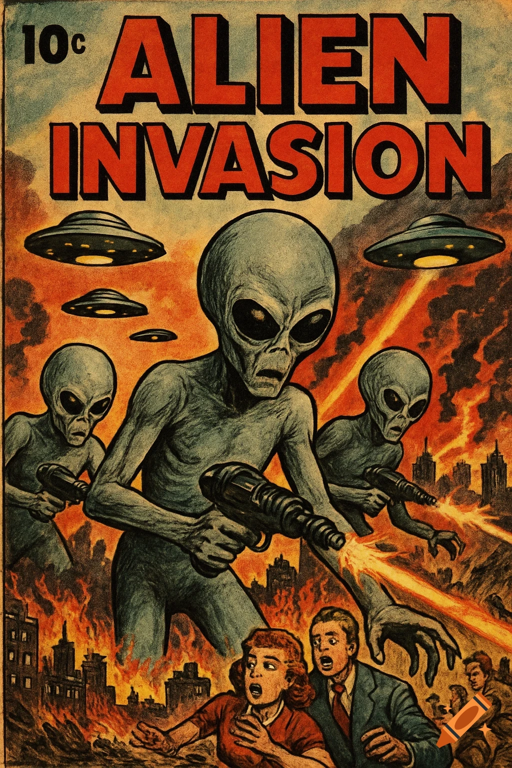 A retro comic book cover depicting grey aliens invading a city, with flying saucers and terrified humans amidst explosions.