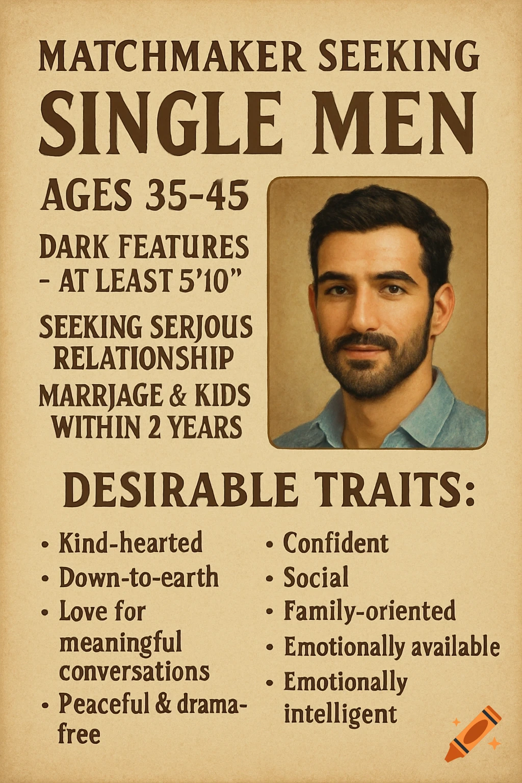 A beige matchmaking flyer seeking single men aged 35-45, with a picture of a man with dark hair and beard in a blue shirt.