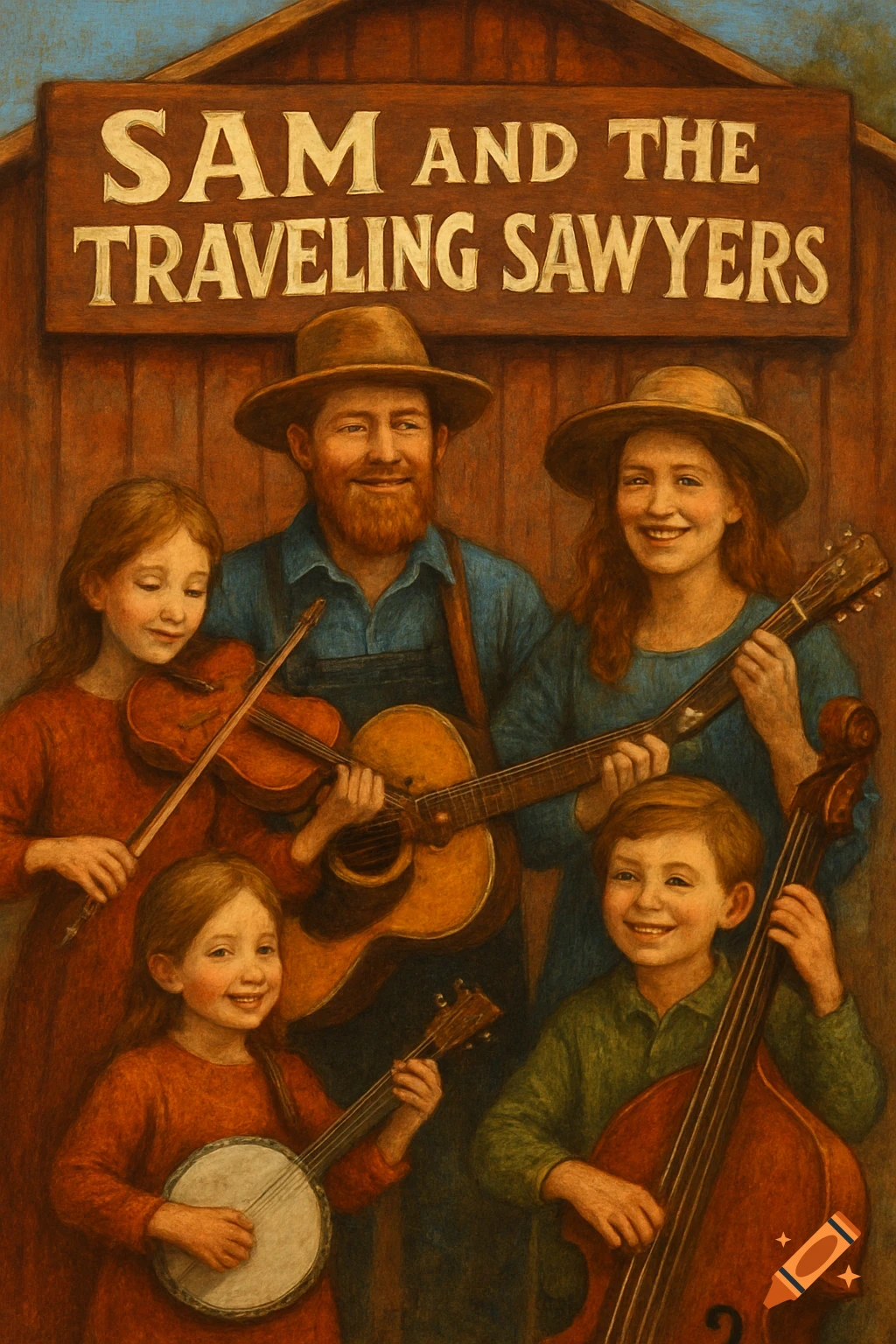 A folk art painting of a family band, "Sam and the Traveling Sawyers," playing string instruments against a rustic wooden background.