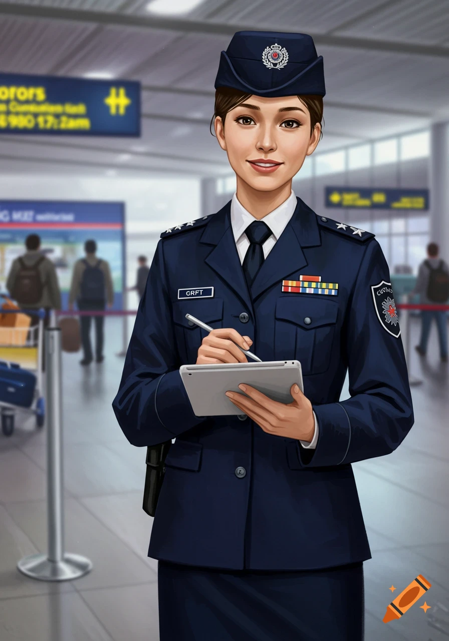 An illustration of a smiling female customs officer in a dark blue uniform holding a tablet and stylus in an airport.