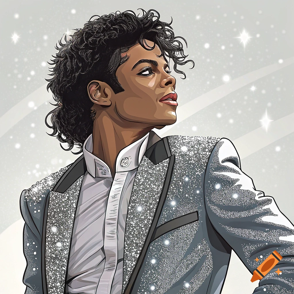 A stylized illustration of Michael Jackson in a sparkly gray suit, looking up and to the right against a light, sparkling background.