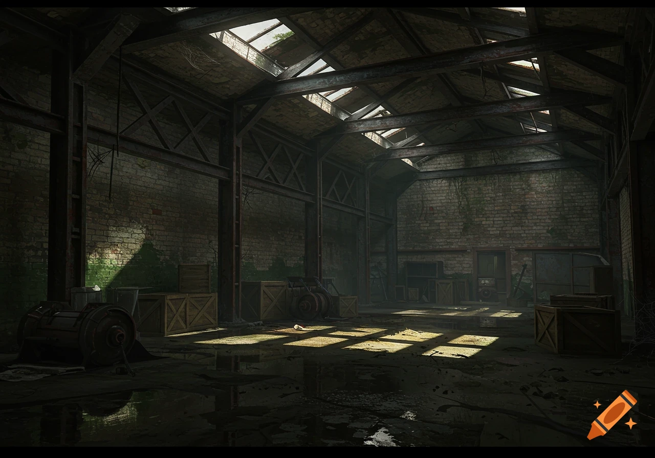 Photorealistic image of a dark, abandoned warehouse interior with sunlight streaming through skylights onto a wet, dirty floor.