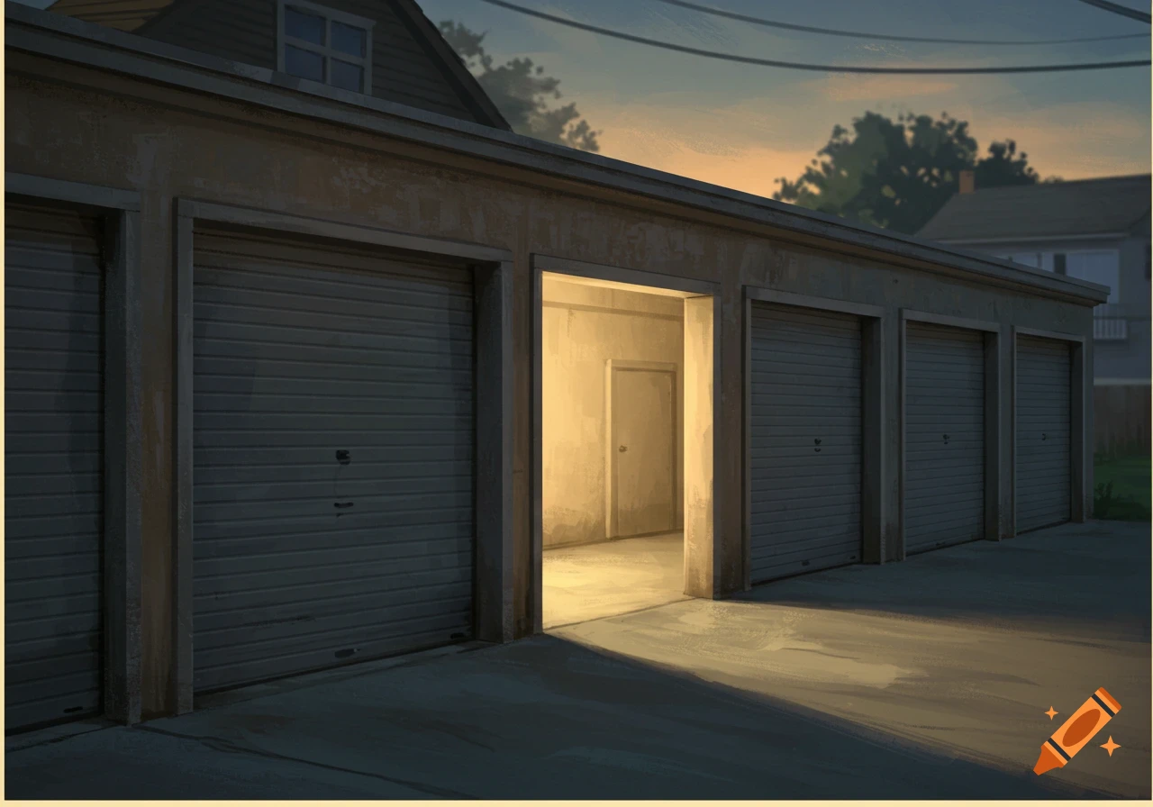 A long building with five garage doors, one open revealing a brightly lit, empty interior at dusk.