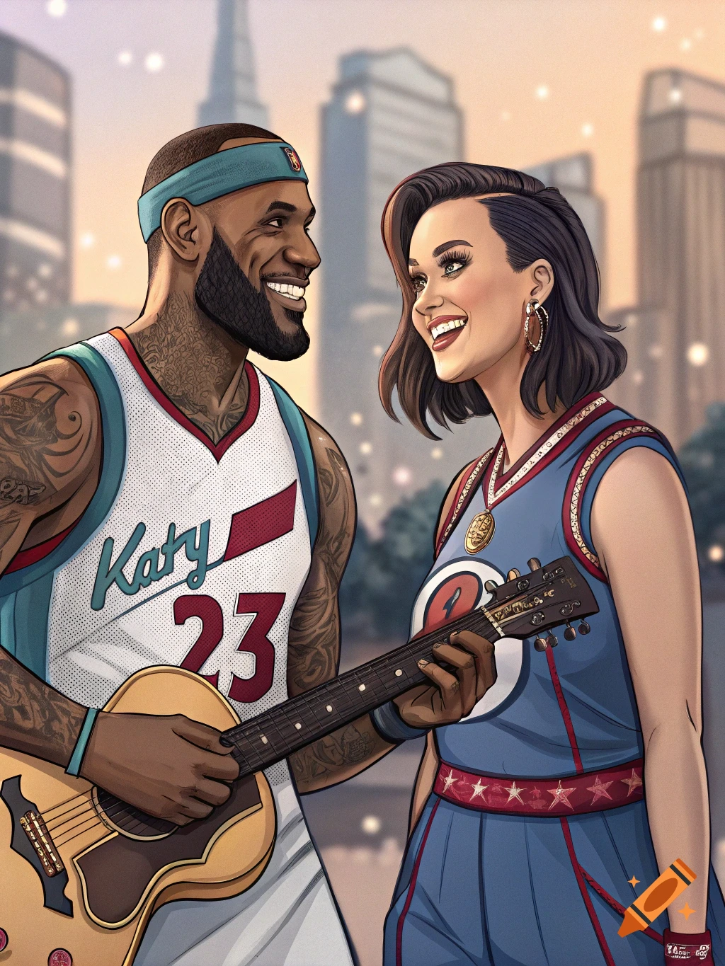 Cartoon illustration of LeBron James holding a guitar and Katy Perry smiling, both in athletic jerseys, against a cityscape background.
