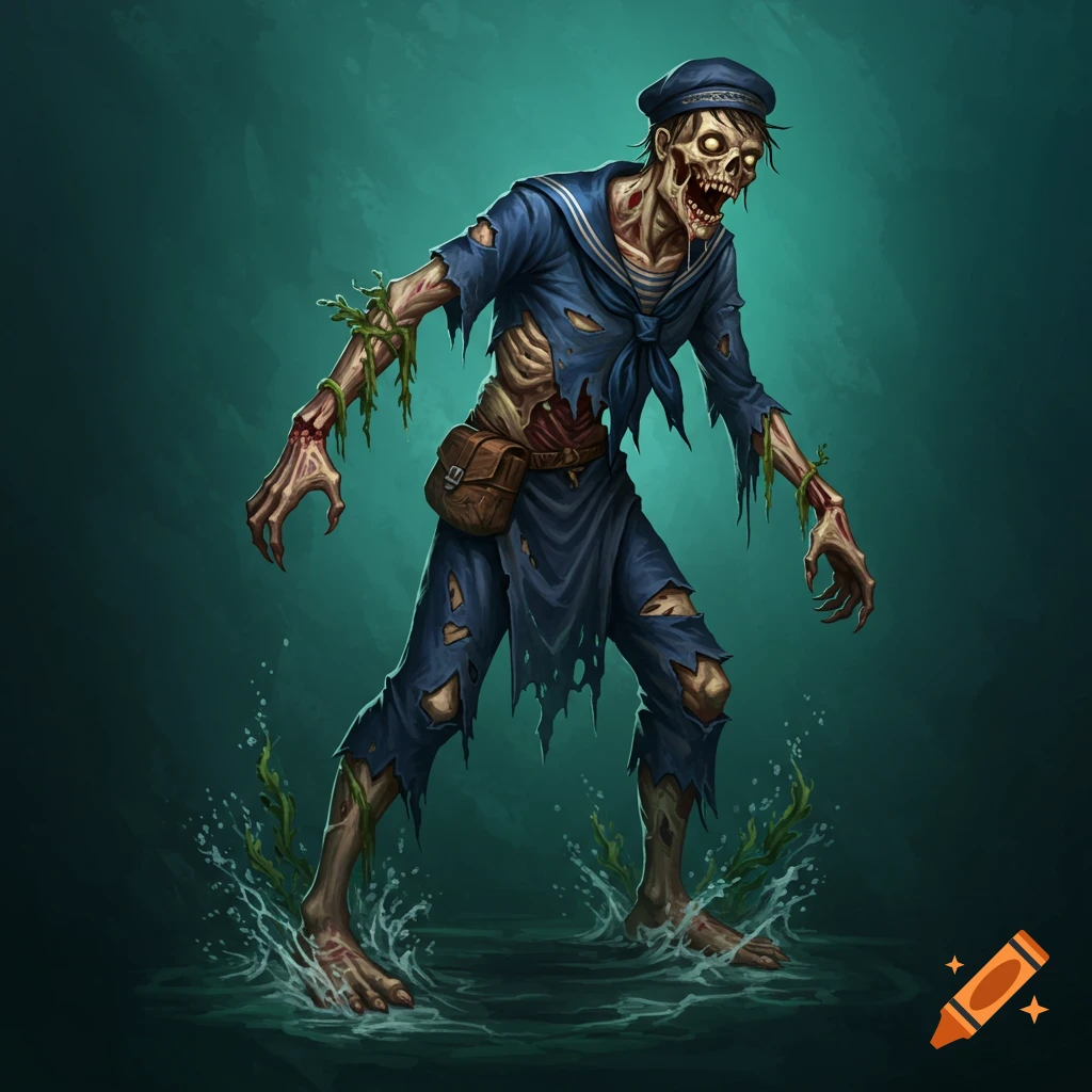 A green-skinned zombie sailor with torn blue clothes, glowing eyes, and exposed ribs stands in splashing water.