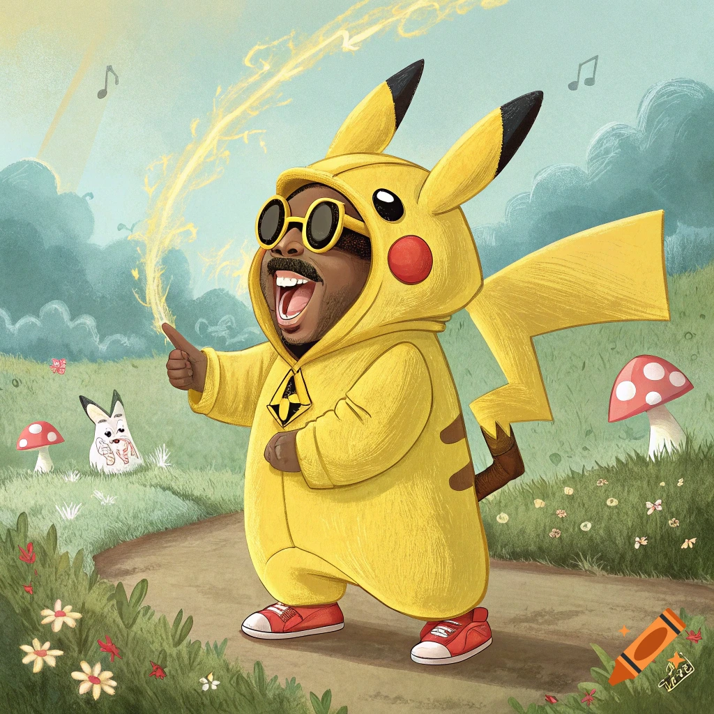 A man dressed as Pikachu, wearing sunglasses, sings excitedly with electricity sparking from his finger on a grassy path with mushrooms and a small creature.