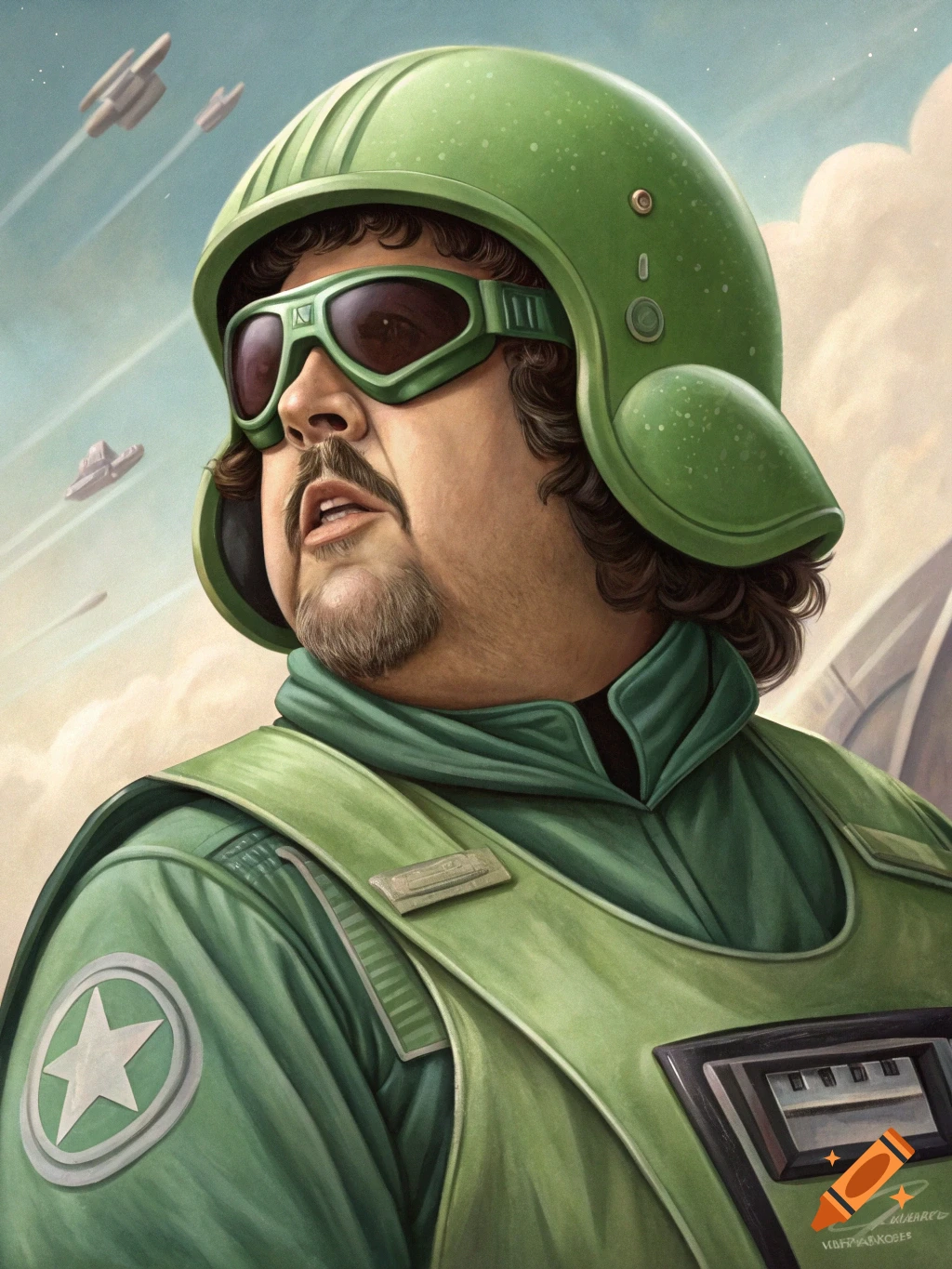 Portrait of Danny McBride dressed as Barf from Spaceballs, wearing a green pilot helmet and goggles, with spaceships in the background.
