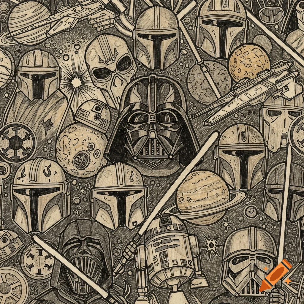 Detailed black ink doodle pattern of Star Wars helmets, droids, spaceships, and planets, in a sketch art style.