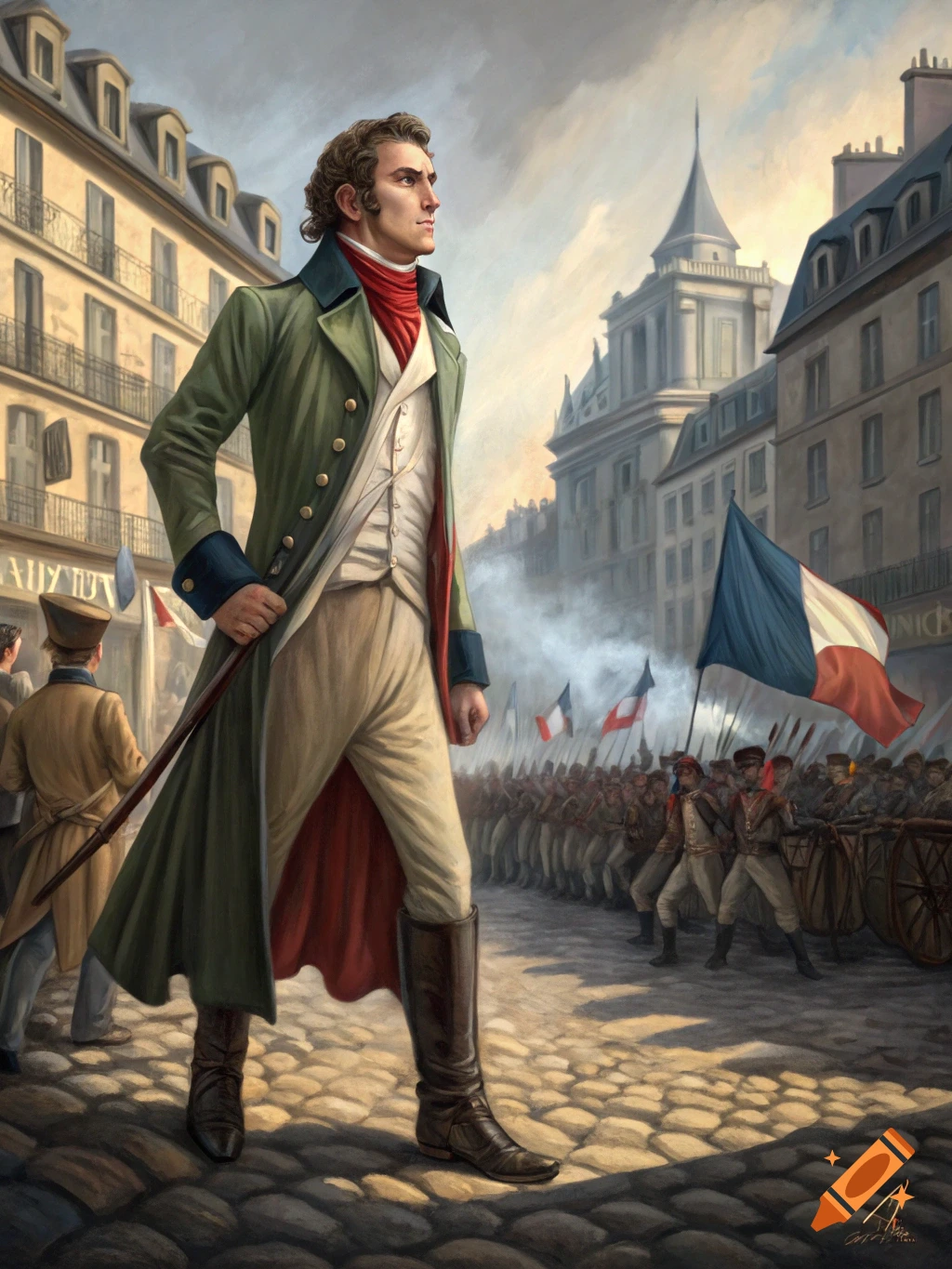 A determined man in 18th-century French attire stands in a cobblestone street, with soldiers and flags in the background.
