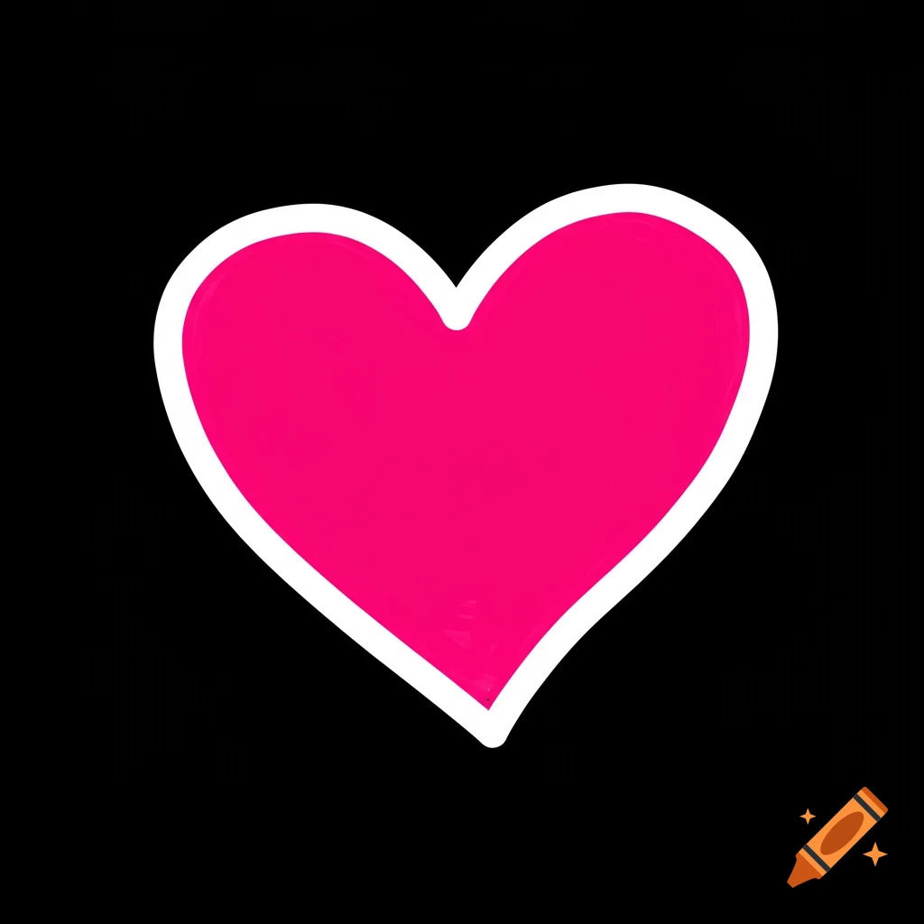 A vibrant pink heart with a crisp white outline on a solid black background.
