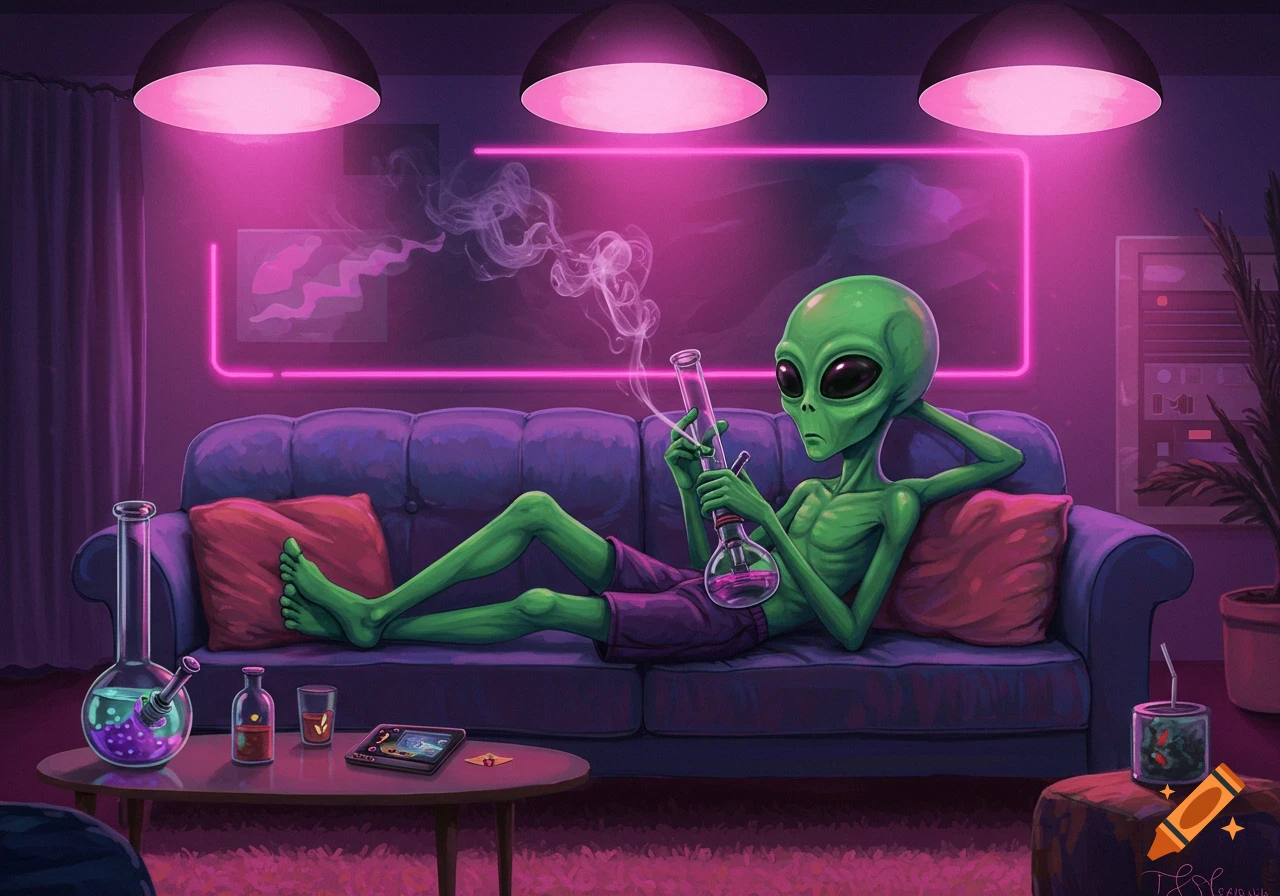 Green alien wearing shorts relaxing on a purple couch, holding and smoking a glass bong in a neon-lit room.