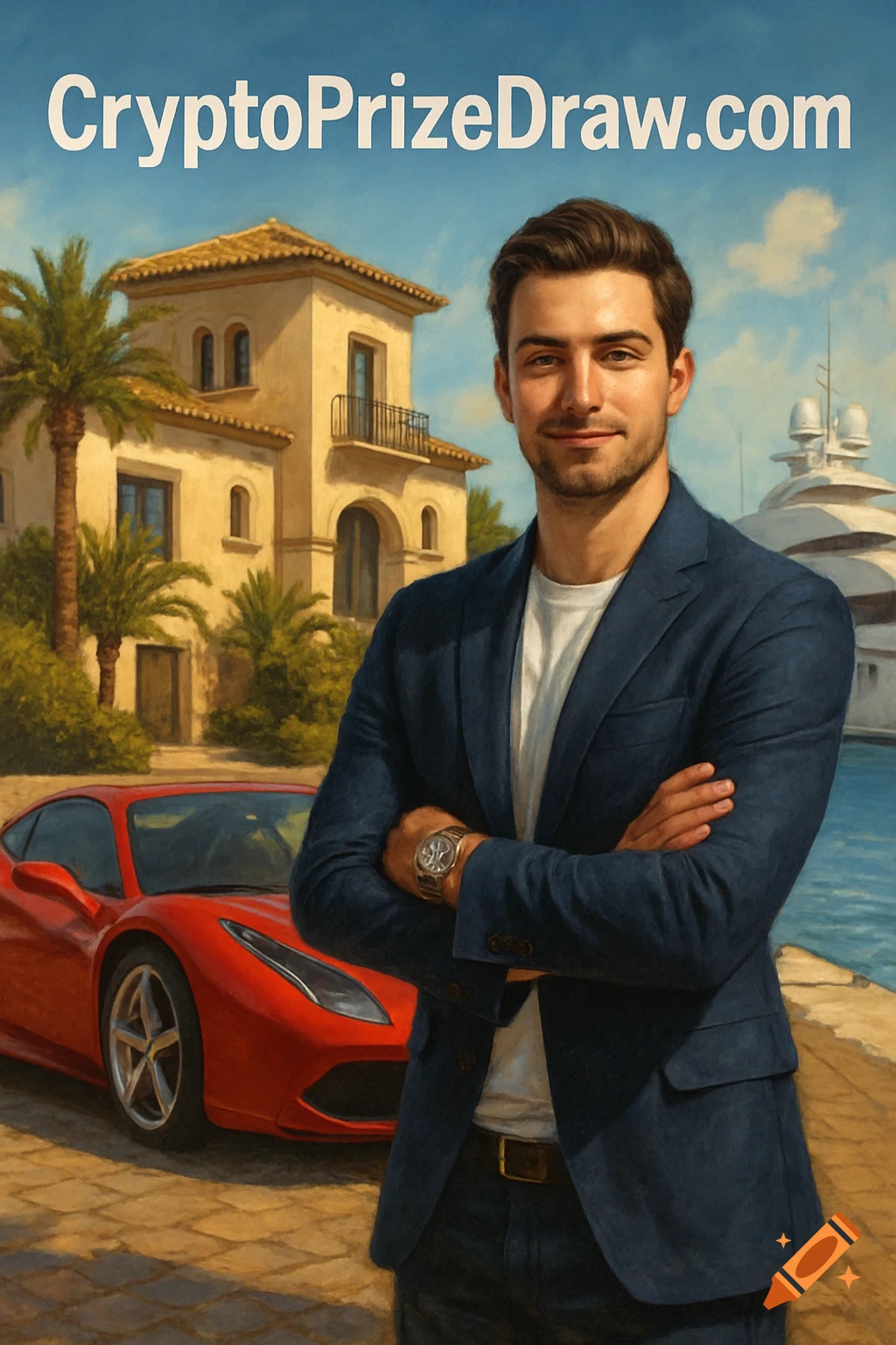 A confident man in a suit stands with crossed arms, a red Ferrari, luxury villa, and yacht in the background, with 'CryptoPrizeDraw.com' text above. Painted style.