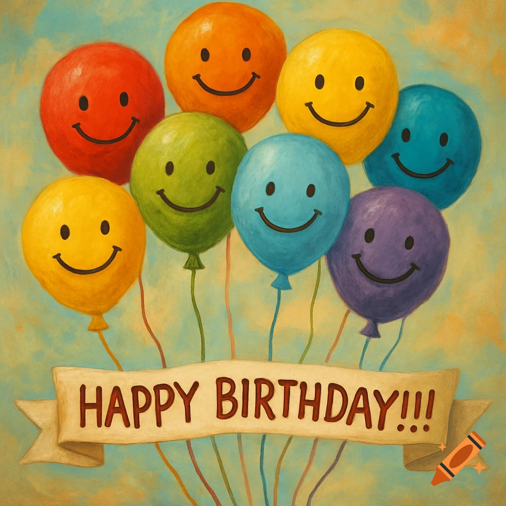 A painting of colorful balloons with smiley faces floating above a banner that reads 'Happy Birthday!!!'.