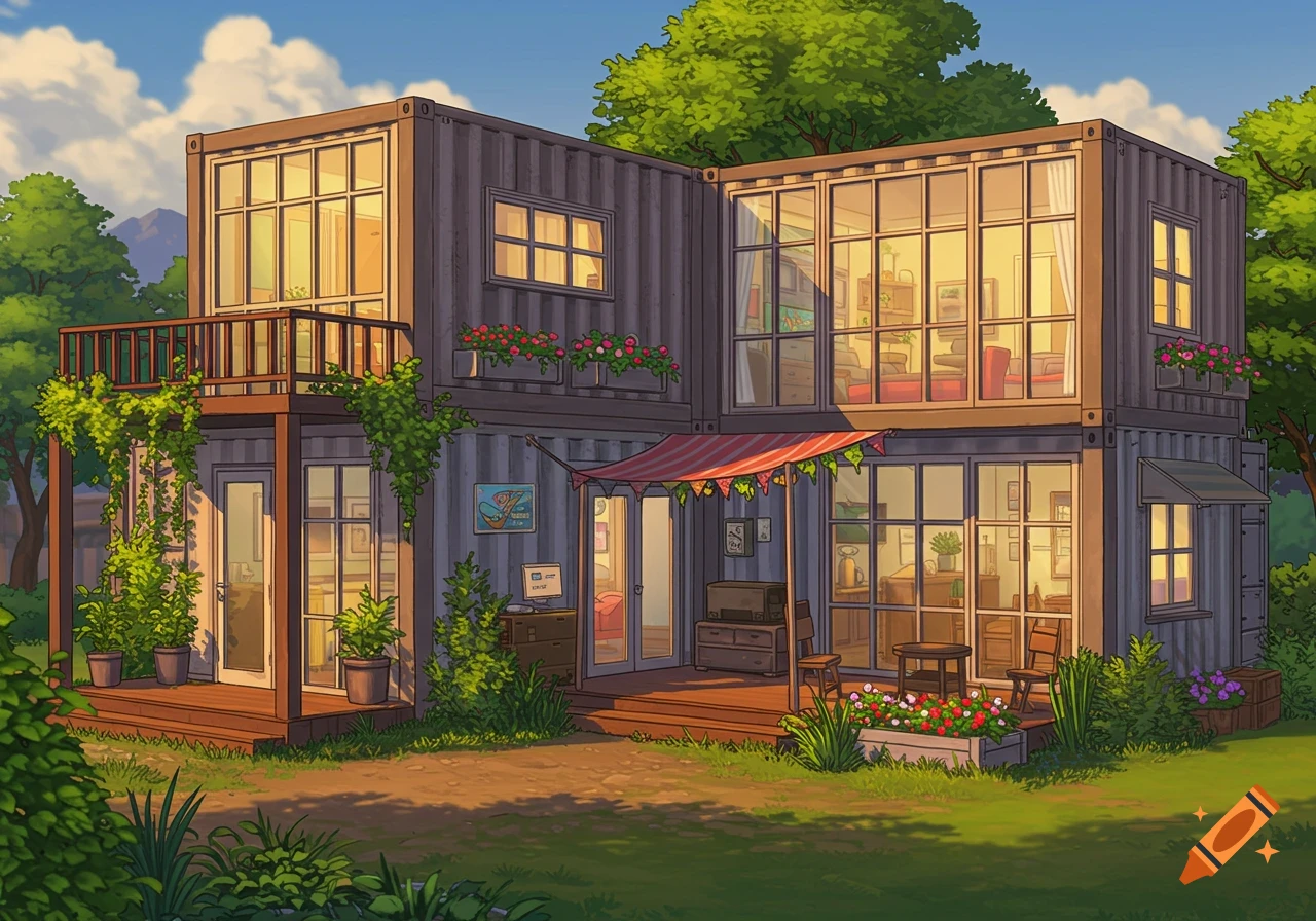 A cartoon-style container home with large windows, a balcony, and potted plants, surrounded by lush green grass and trees under a sunny sky.