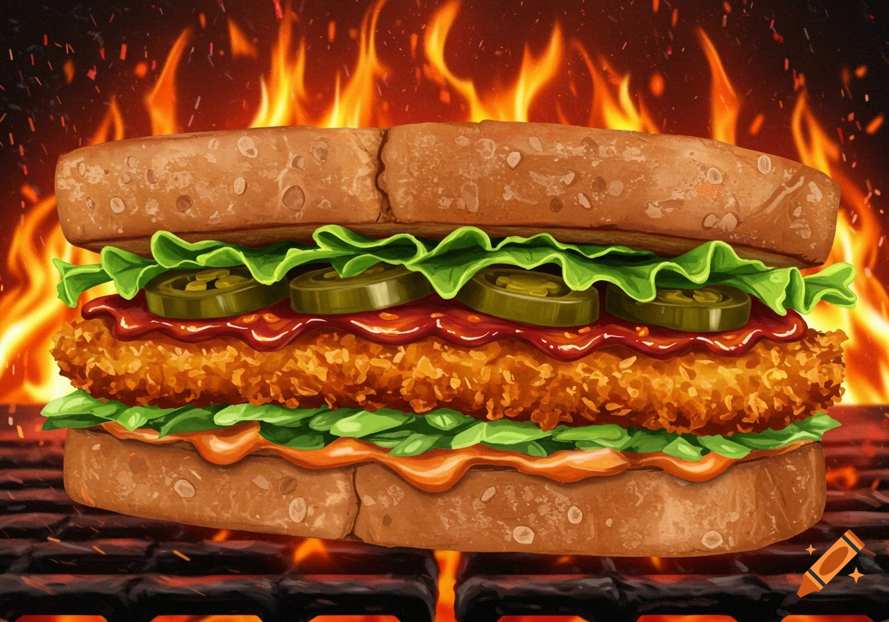 A close-up of a sandwich with brown bread, lettuce, breaded chicken, spicy sauce, and jalapenos on a grill, with a fiery background.