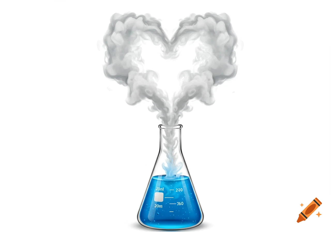 A chemical reaction in a laboratory beaker creating a cloud of smoke shaped like a heart.