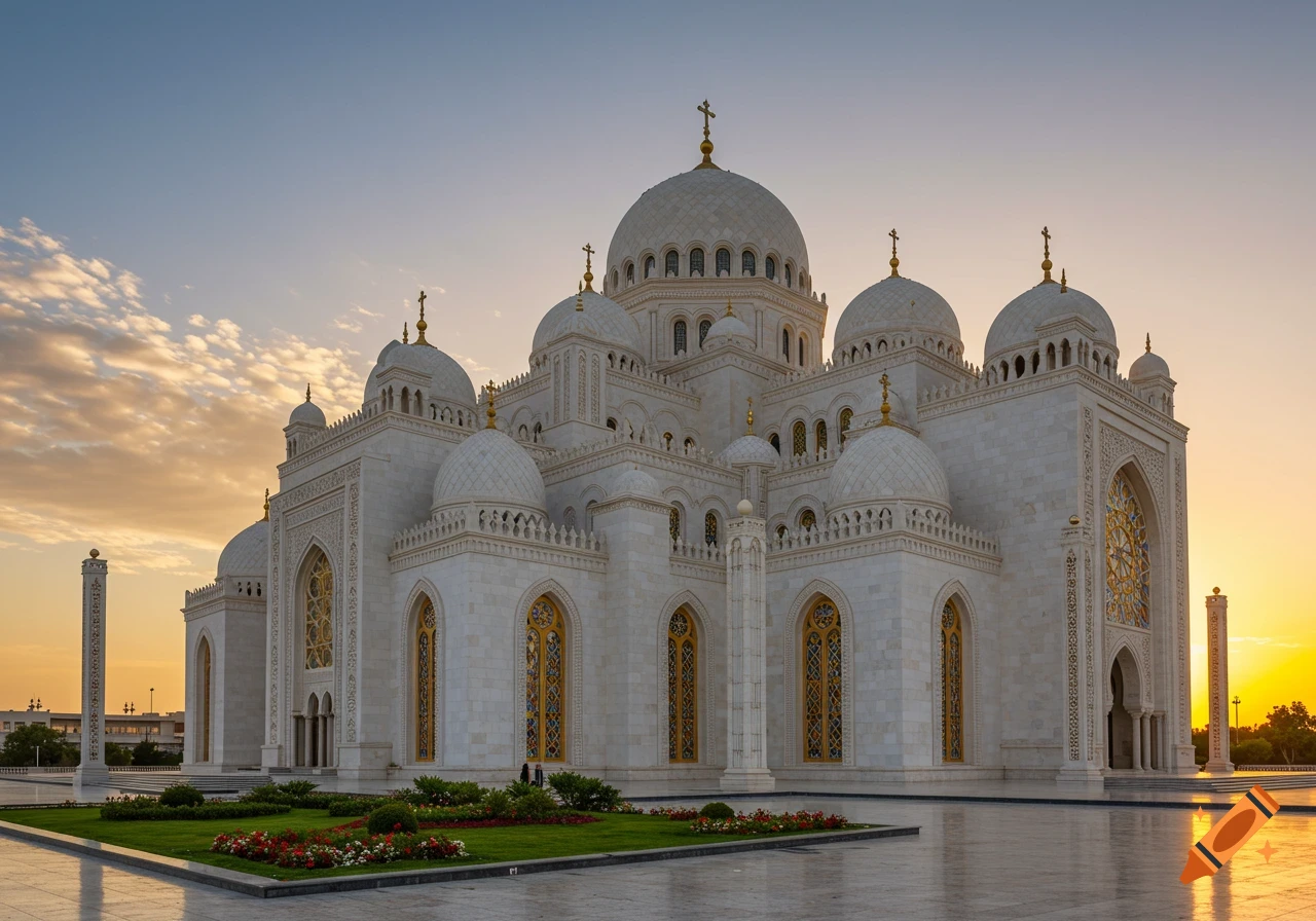 A majestic white cathedral with multiple domes and gold accents stands against a vibrant sunset sky, featuring intricate architectural details.