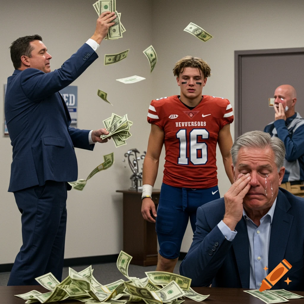 A man in a suit throws money at a stoic football recruit, while an older man in a suit cries tears at a table covered in cash.