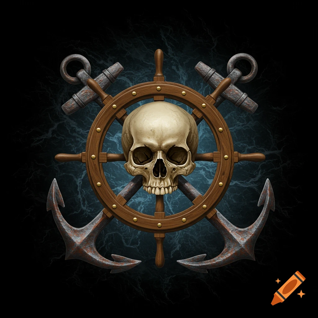 A skull is centered within a ship's wheel, with two rusty anchors crossed behind it, against a dark, textured background.