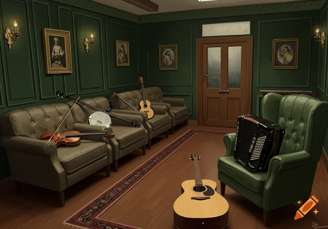A dark green room with three couches holding a violin, banjo, and a wind instrument. A guitar rests on the floor, and an accordion is on an armchair.