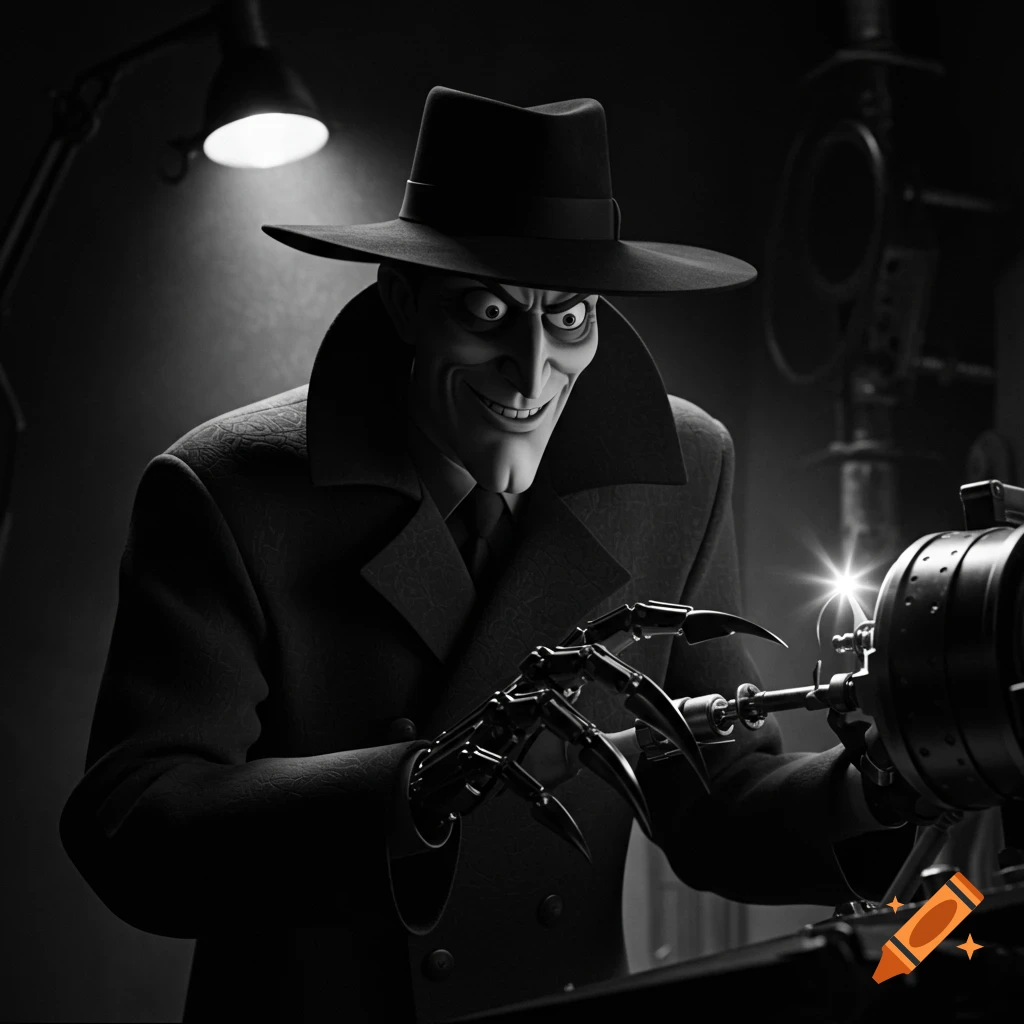 Black and white stylized image of a grinning cartoon villain, Dr. Claw, wearing a trench coat and fedora, using a metallic claw to manipulate machinery.