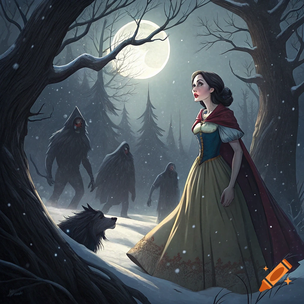 Snow White stands in a snowy, moonlit forest, looking up. Three shadowy figures and a wolf are behind her in this dark fantasy illustration.