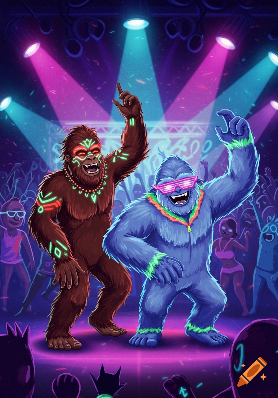 Two cartoon Bigfoot and Yeti characters with neon markings dance joyfully at a vibrant rave under spotlights.