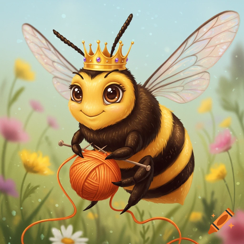 A cute cartoon queen bee wearing a golden crown, knitting with orange yarn in a sunny flower field.