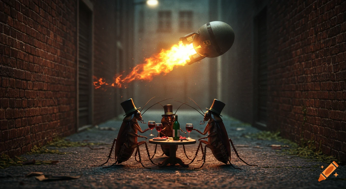Three cockroaches in top hats drink wine at a table in a dark alley as a fiery bomb descends above them.