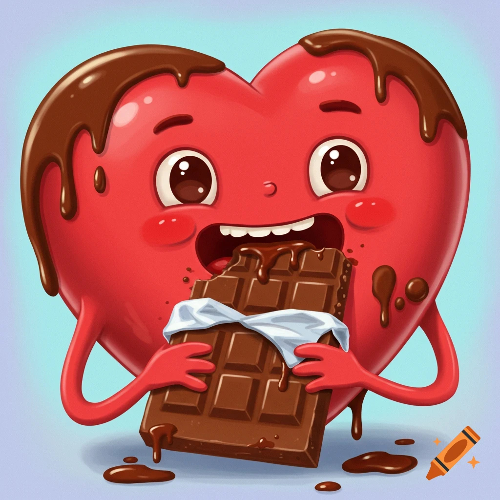 A cute red cartoon heart character with arms happily eating a large chocolate bar, with melted chocolate dripping.