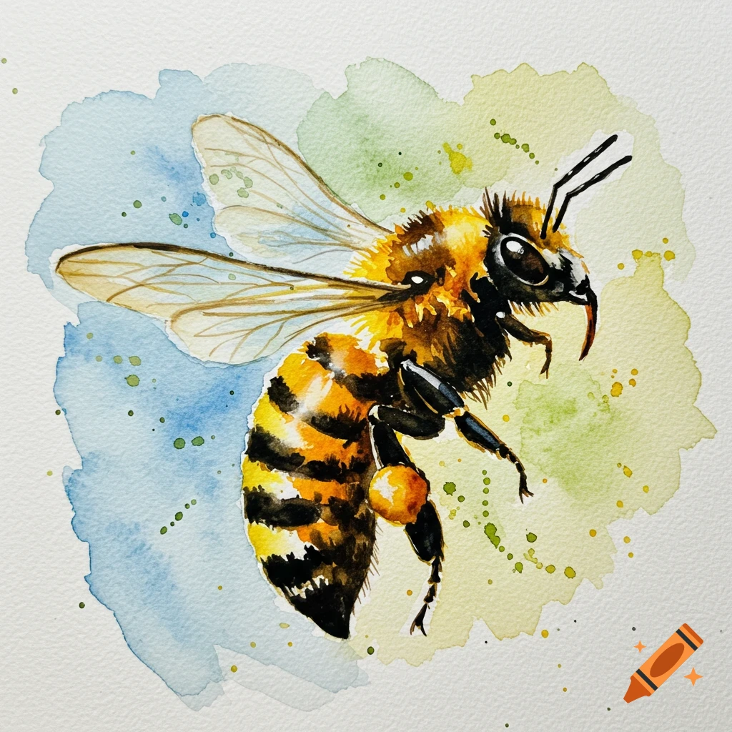 Watercolor painting of a bee with a fuzzy yellow and black striped body and transparent wings, against a blue and green background.