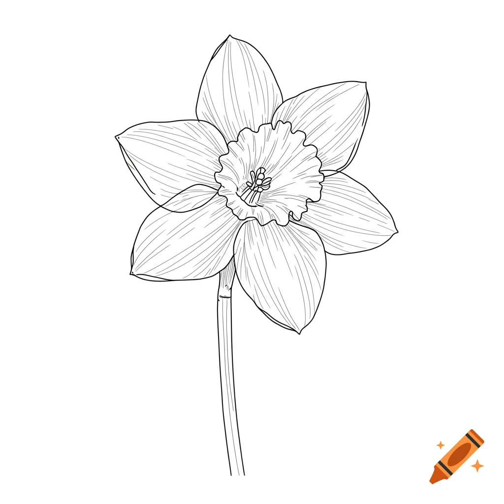 Black and white line art drawing of a daffodil in a botanical illustration style.