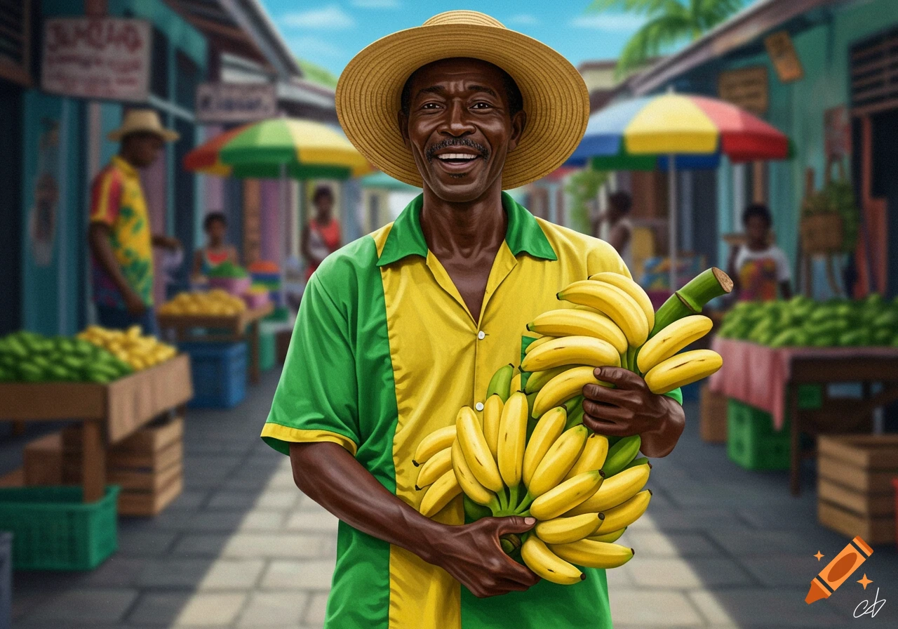 A smiling man in a straw hat and green-yellow shirt holds a large bunch of bananas at a bustling tropical market.