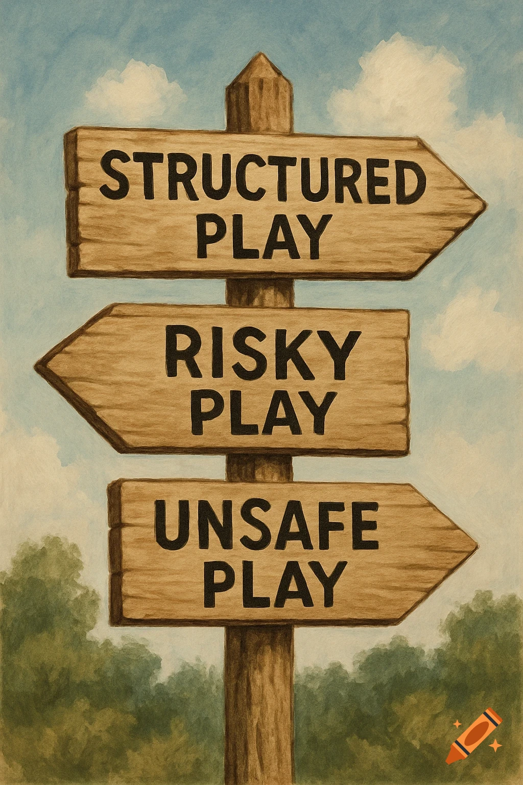 A watercolor-style illustration of a wooden sign post pointing right. The signs read 'STRUCTURED PLAY', 'RISKY PLAY', and 'UNSAFE PLAY' against a blue sky and green trees.