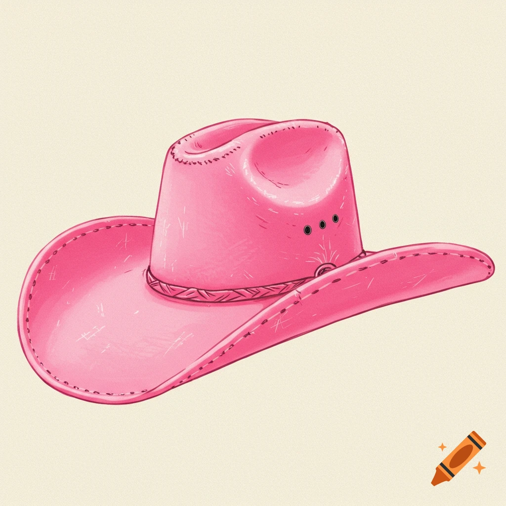 A pink cowboy hat with a braided band and stitched details, in an illustrative style.