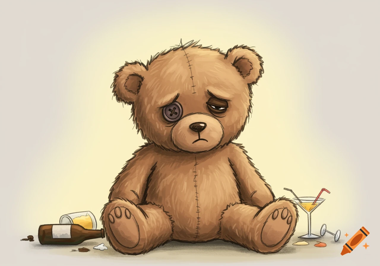 An illustration of a sad, hungover brown teddy bear with one button eye, sitting with a spilled bottle and broken martini glass.