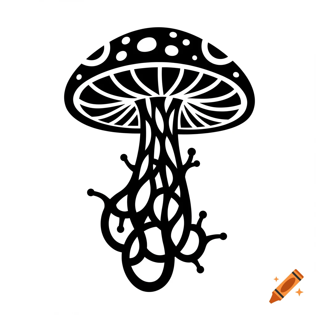 Abstract black and white vector logo of a stylized mushroom with a mycelium-like stem.