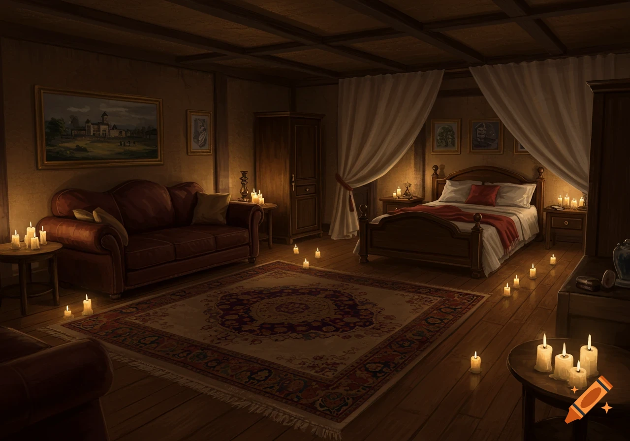 A dimly lit cozy room with a large bed, a couch, and a patterned rug on wooden floors, illuminated by numerous scattered candles.