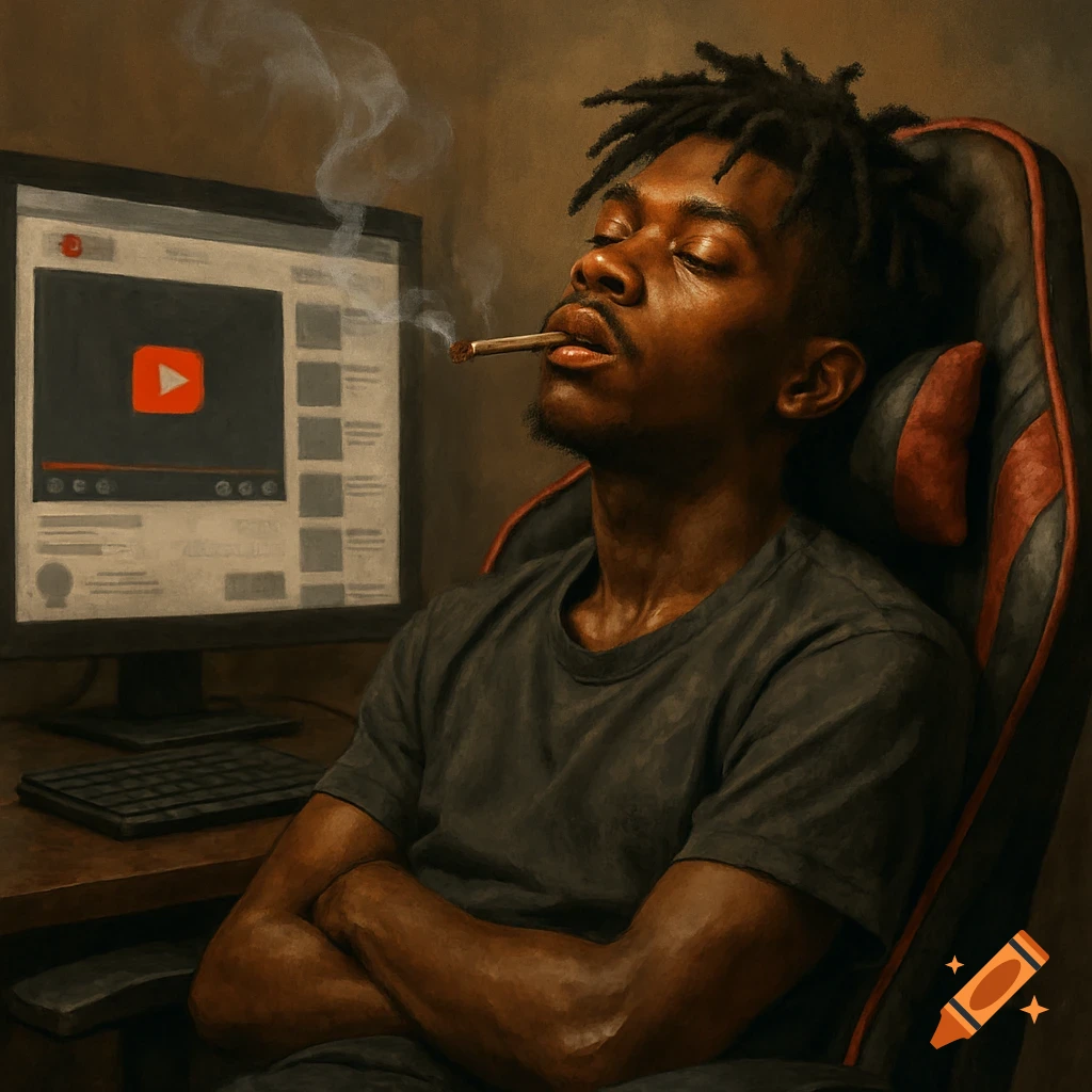 A digital painting of a young Black man with dreadlocks, eyes closed, smoking a cigarette, sitting in a gaming chair next to a monitor showing YouTube.