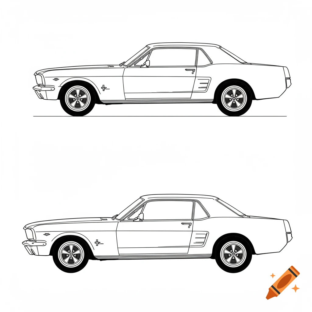 Two black and white line drawings of a 1965 Mustang coupe in side profile, one positioned above the other.
