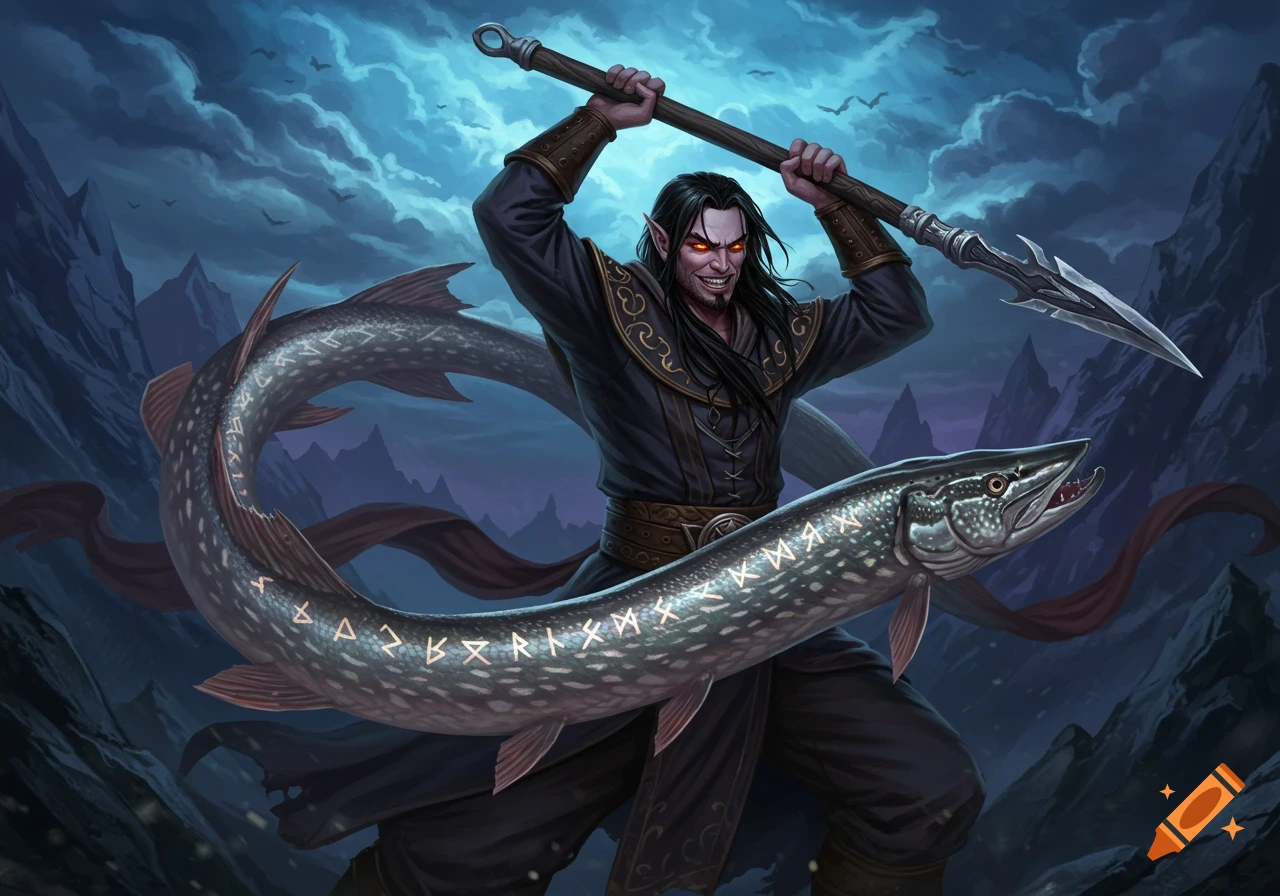 A dark-haired fantasy warlock with glowing red eyes wields a large pike fish like a club against a stormy, mountainous backdrop.
