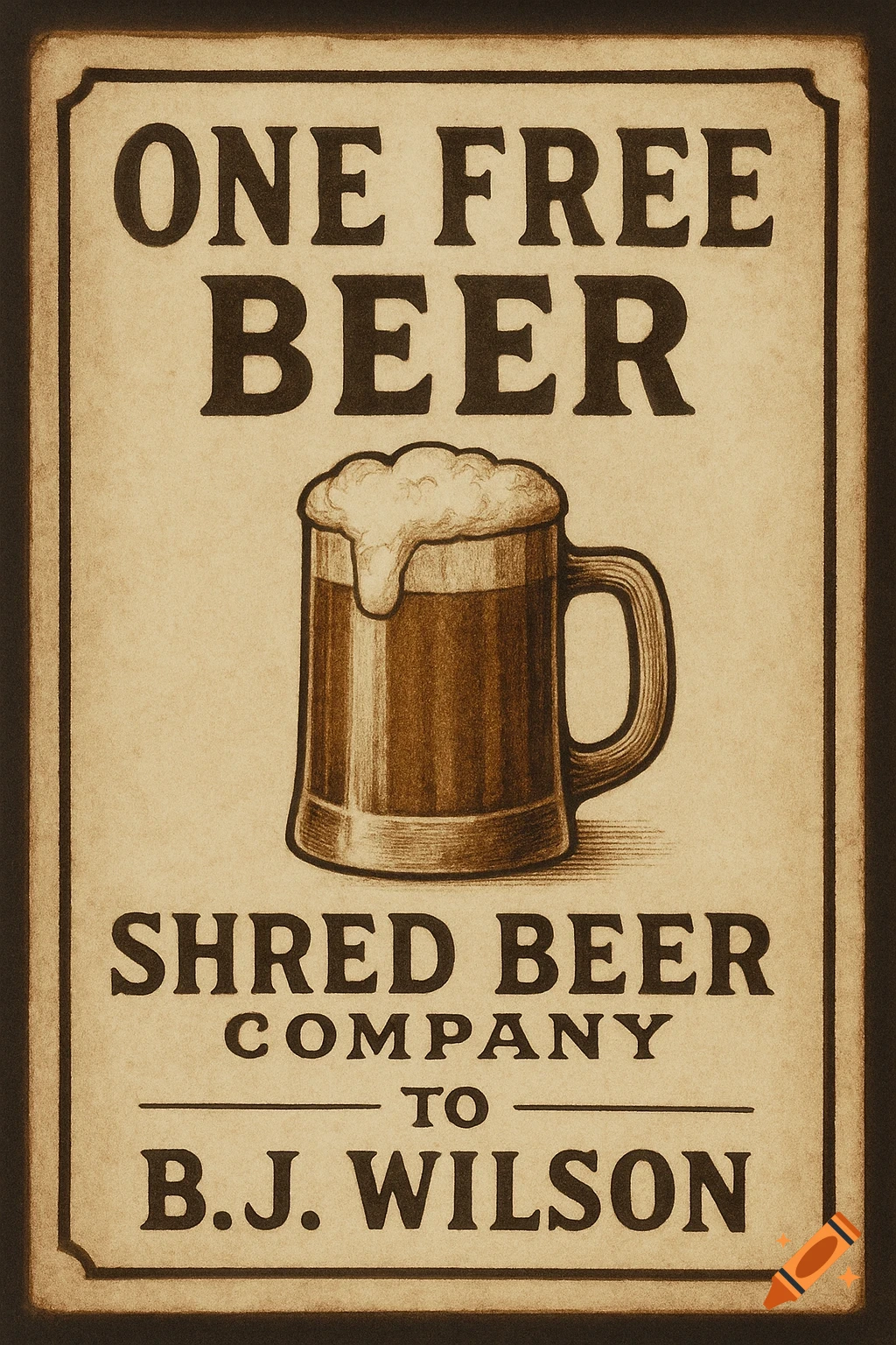 Vintage-style sepia-toned poster for 'ONE FREE BEER' from 'SHRED BEER COMPANY' to 'B.J. WILSON', featuring a frothy beer mug.