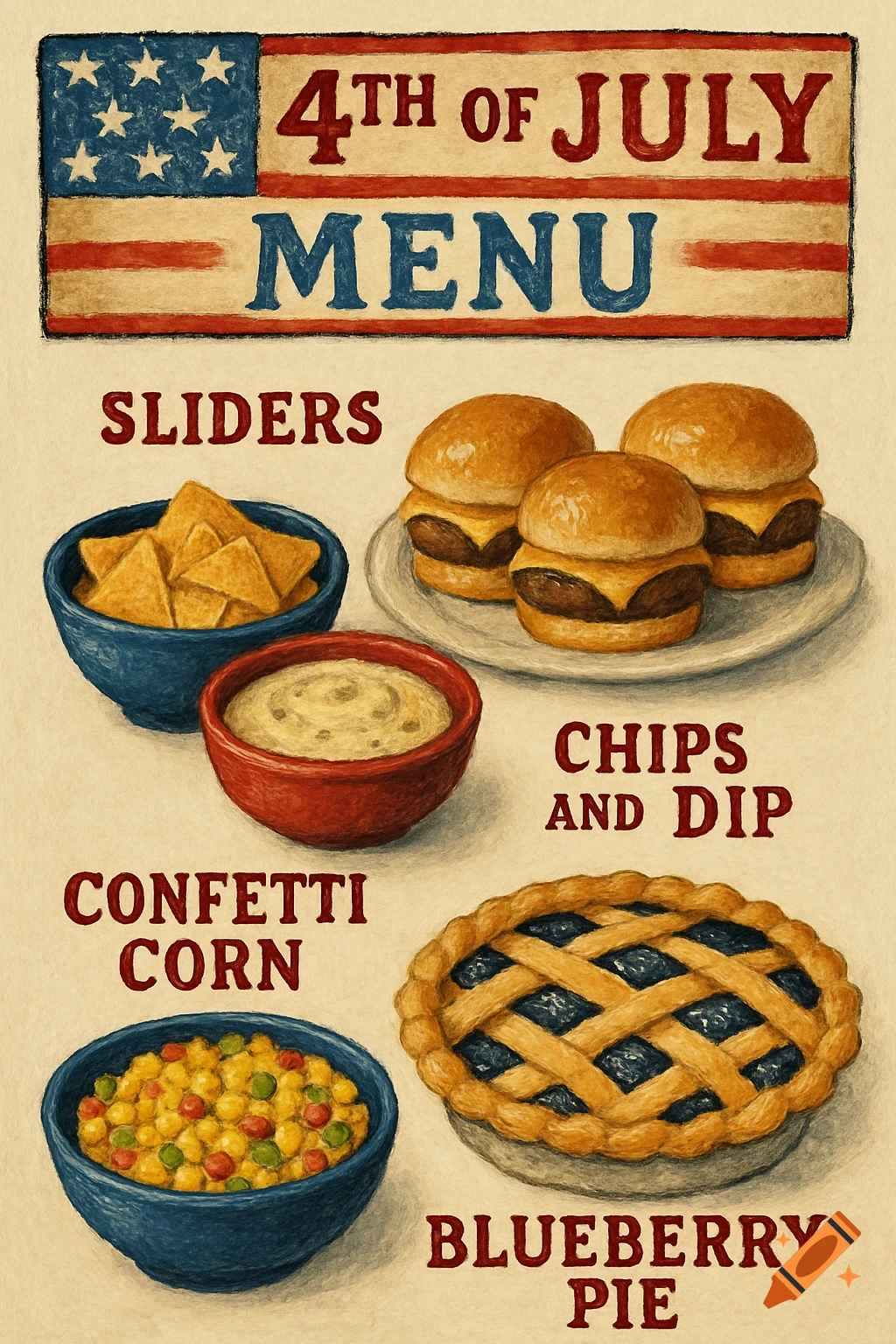 A 4th of July menu illustration with sliders, chips and dip, confetti corn, and blueberry pie, in a textured, painted style.