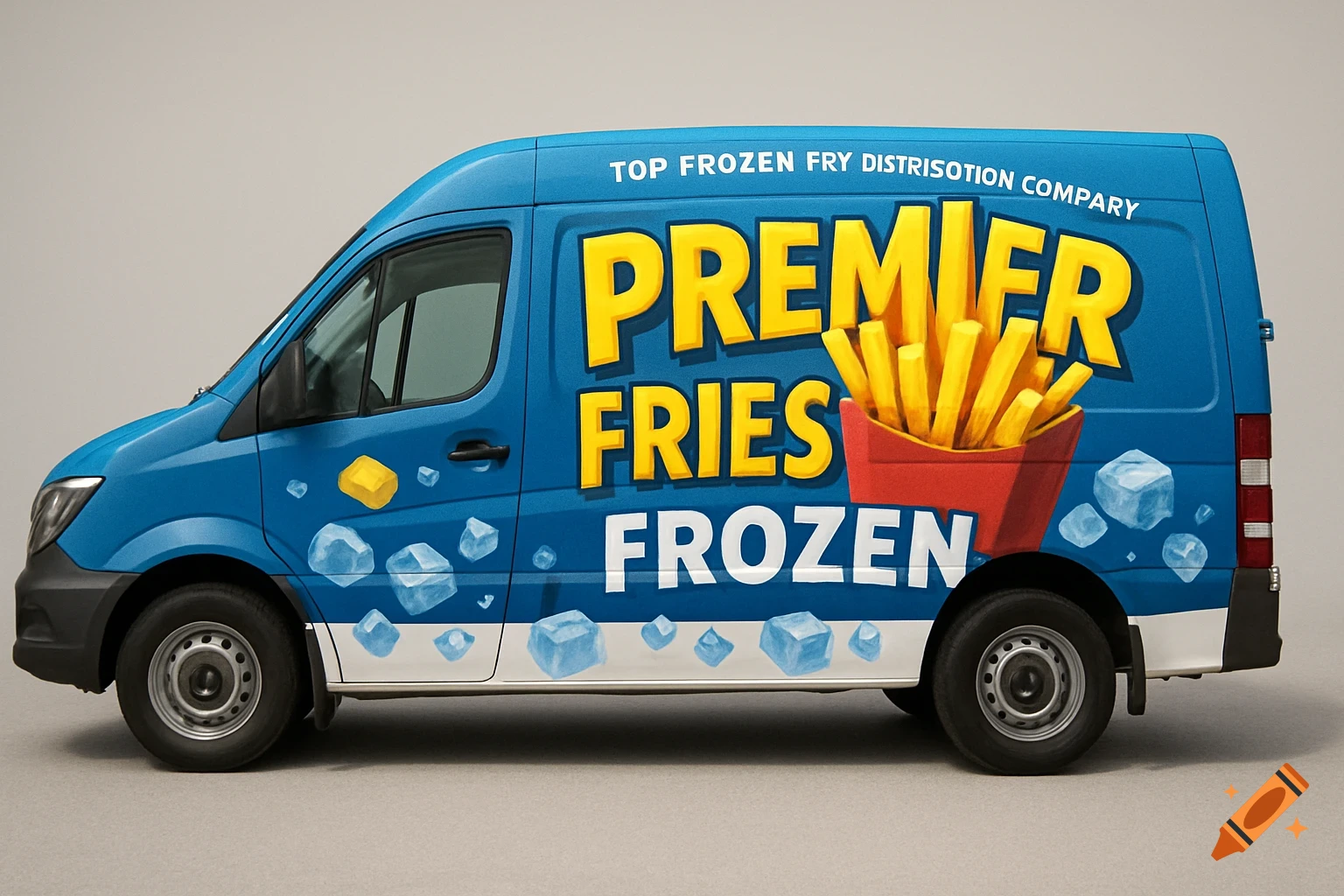 Photorealistic blue delivery van with 'PREMIER FRIES FROZEN' logo, a bucket of fries, and ice cubes on its side.