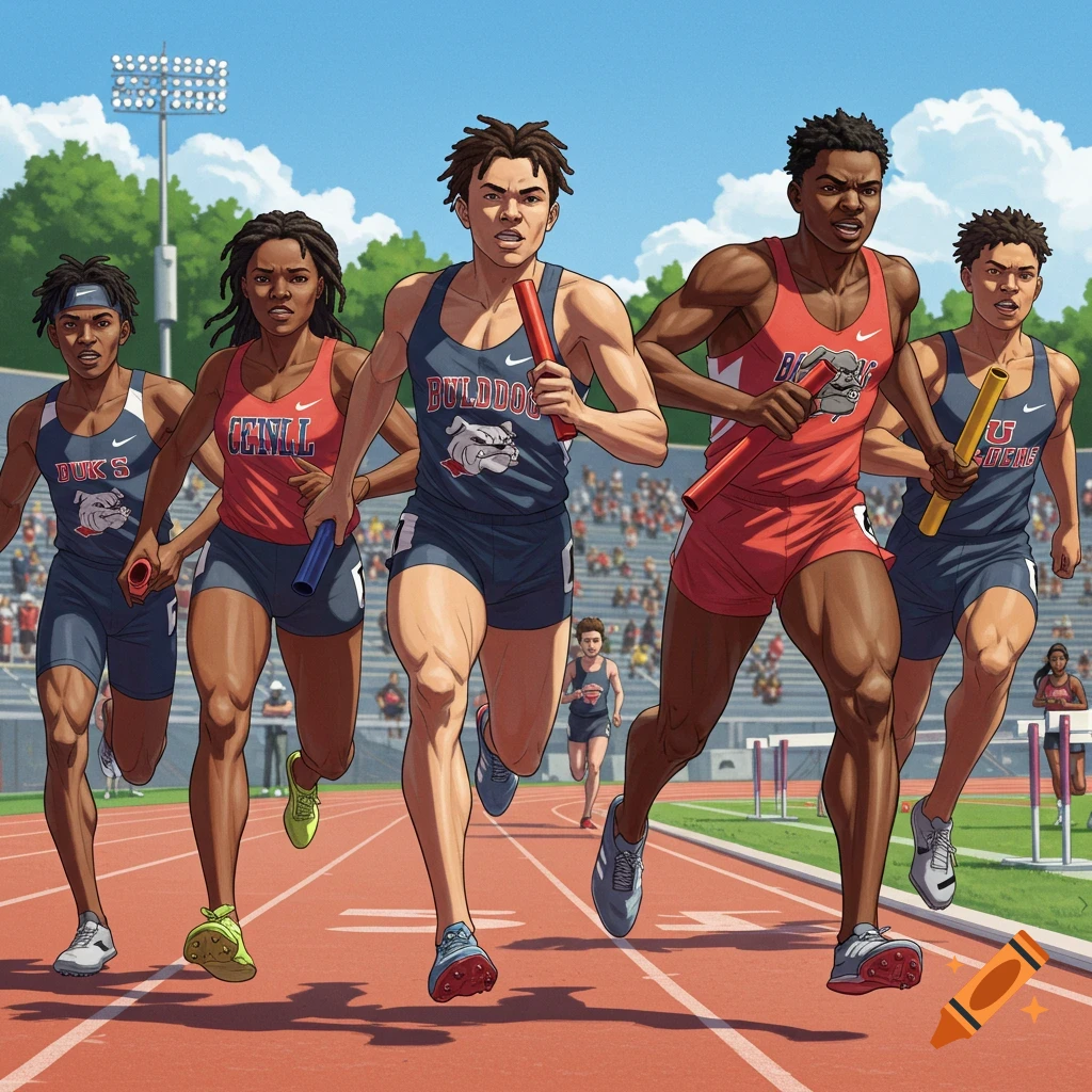 Four animated athletes running a relay race on a track, with stadium bleachers in the background.