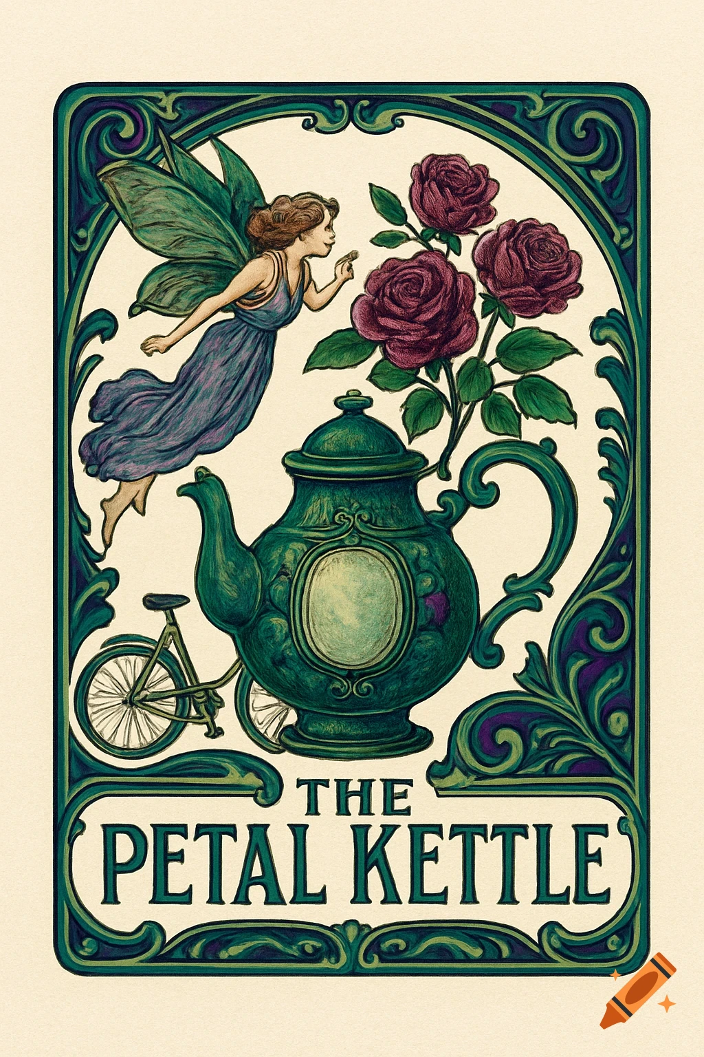 Art Nouveau style illustration of a fairy flying near a green teapot with roses and a bicycle, featuring the text 'The Petal Kettle'.