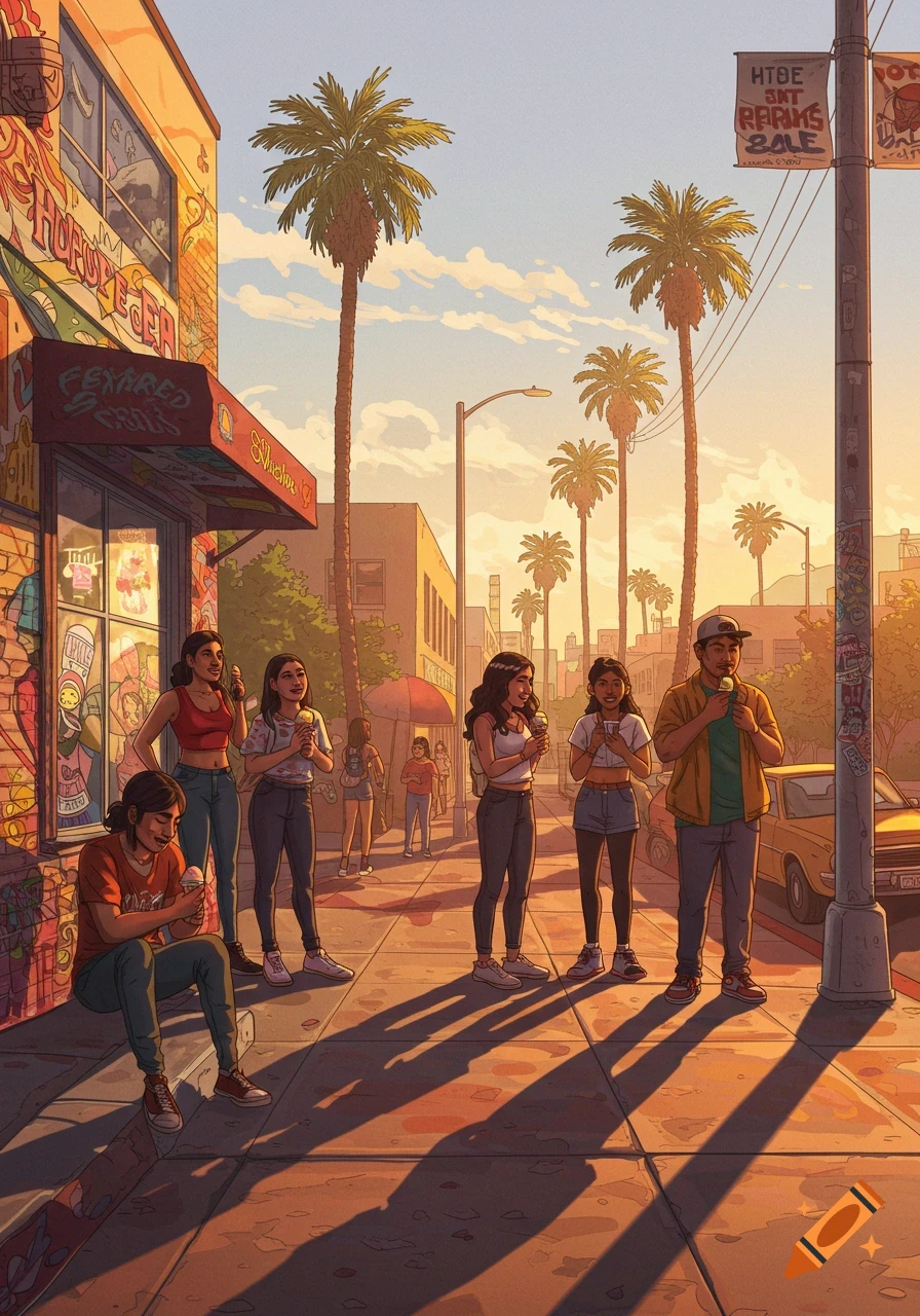 An illustrated scene of people walking and sitting on a sunny city sidewalk with palm trees and buildings in the background.