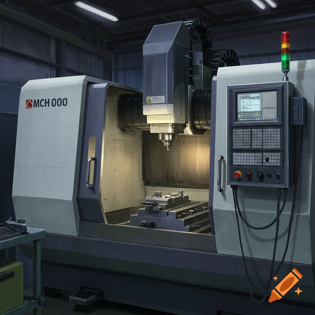A detailed photorealistic image of a large CNC machine with a control panel in an industrial workshop.